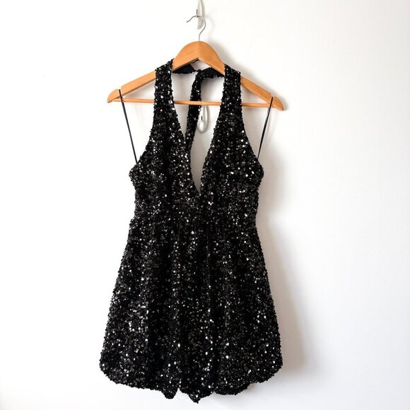 Zara Sequin Balloon Halter Mini Dress NWT Black Silver Size Medium Blogger Fav - Picture 3 of 10